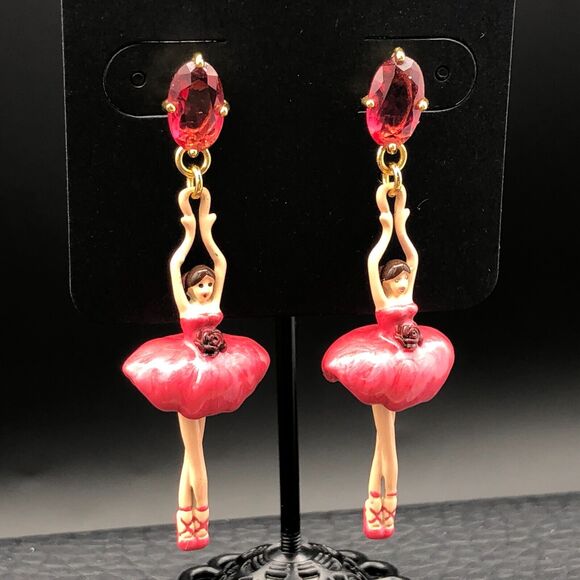 Les Néréides Earrings Ballerina Pas de Deux Rose Bud Pink Hand-Painted Stud Drop - Picture 1 of 5